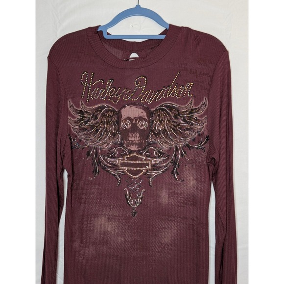 Harley-Davidson Tops - Harley-Davidson Womens Burgundy Rhinestone‎ Winged Skull Lace Up Back L/S Shirt